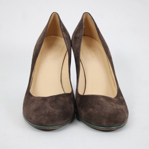 Kate Spade Sz 9 B Brown Green Trim Slip On Suede Upper Leather Inner 3" Heels - Picture 10 of 16